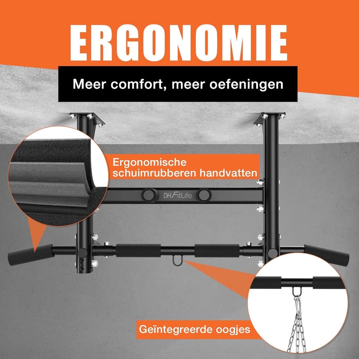 DH FitLife Pull-up Bar - 4-in-1 plafondmontage - Multifunctionele thuis pull-up bar voor krachttraining - 8 antislip handgrepen - 3 oogjes voor bokszak & suspension trainer, stabiel tot 200 kg thumbnail 5