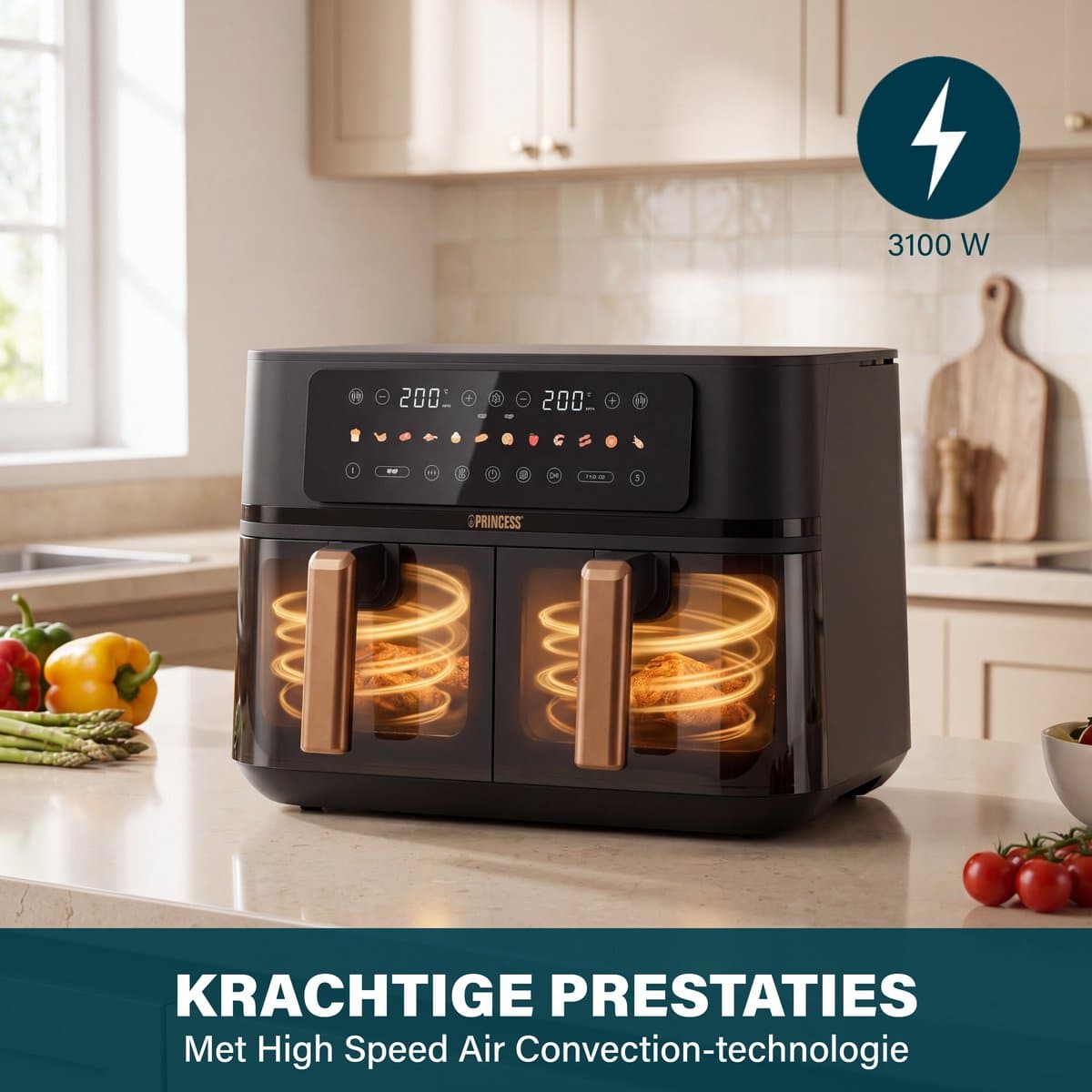 Princess 182272 Dubbele Airfryer - 2x 4.5L - 9 liter - 2 manden - XXL - Touchscreen - Kijkvenster - 12 programma's - 3100W thumbnail 6