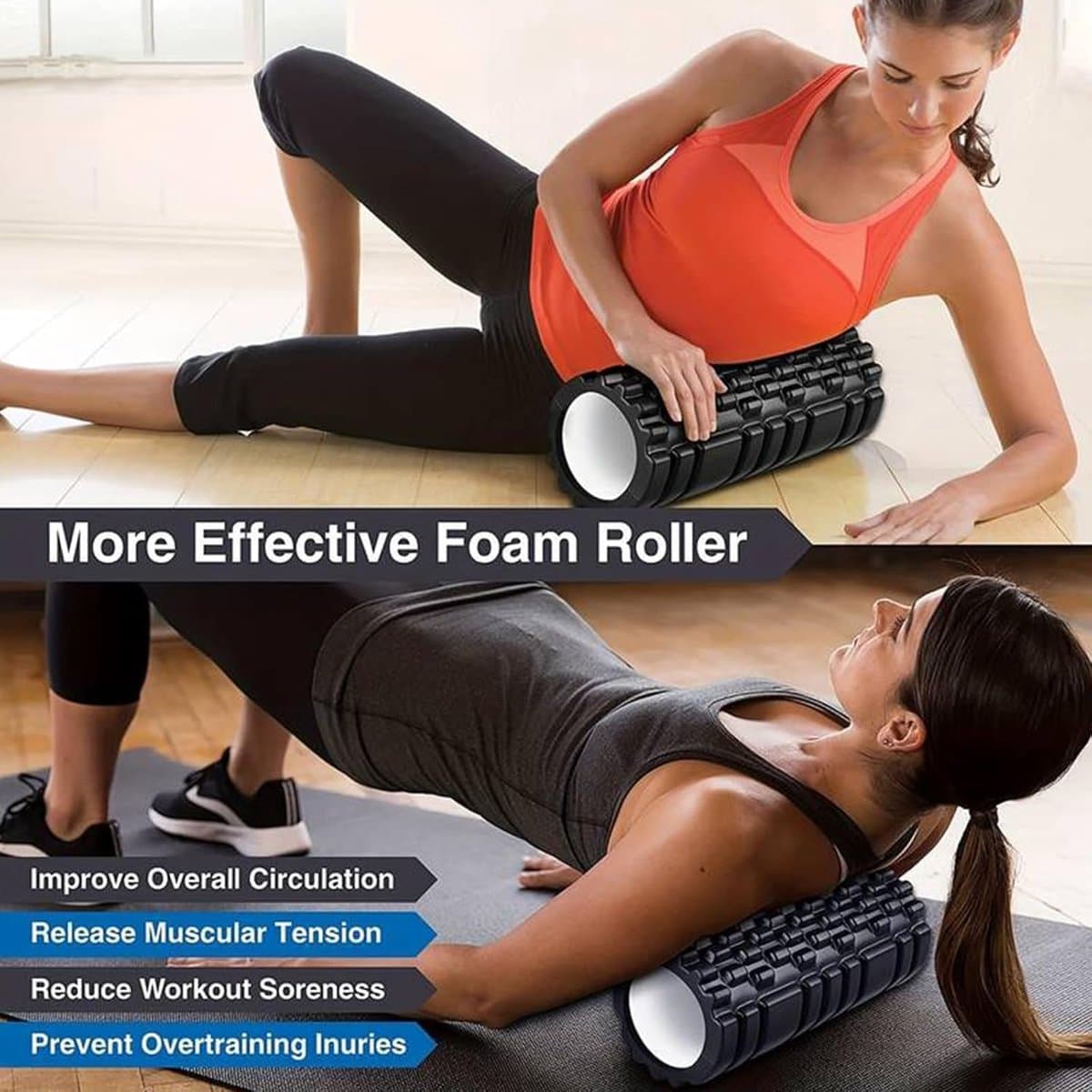Foam Roller - Schuimroller - Yoga Grid Foam Roller - Massage Roller - Foamroller - Fitness Roller - Fasciarol wervelkolom - schuimroller met 3D - voor zelfmassage, spierspanning, fasciarol voor yoga, sport, fitness, pilates - 10x30 cm - Zwart thumbnail 4