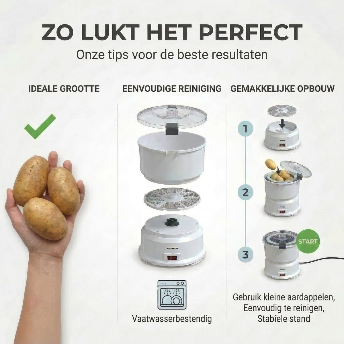 Melissa Elektrische Aardappelschiller - 85W - Aardappelschrapmachine met slacentrifuge - 16220008 - Wit thumbnail 3