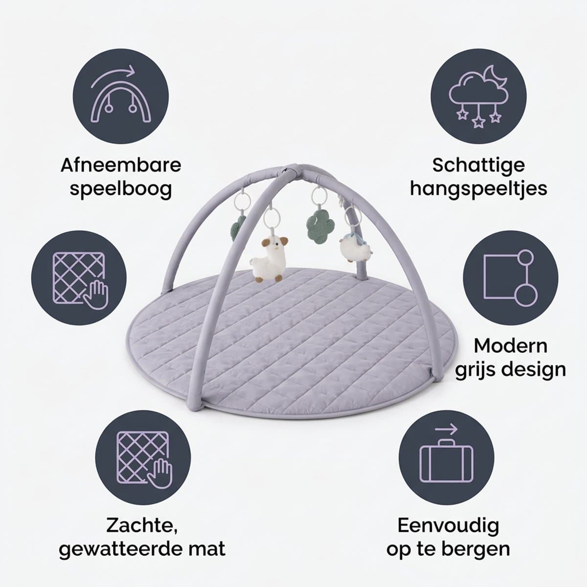 Laavir Baby Speelkleed met Boog - Ronde Babygym Grijs - Zacht en Comfortabel speelmat - Voor Pasgeboren Baby’s thumbnail 8