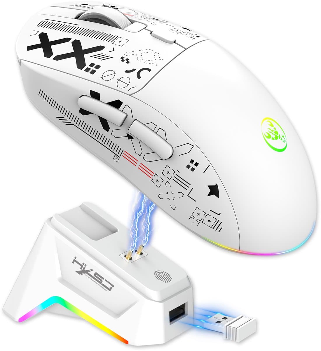 HXSJ T90 PRO Draadloze Gaming Muis – Silent Clicks – RGB – Bluetooth 5.3 & 2.4G & Bedraad – 12000 DPI – Programmeerbare Knoppen – Oplaadbaar met Dock – Wit