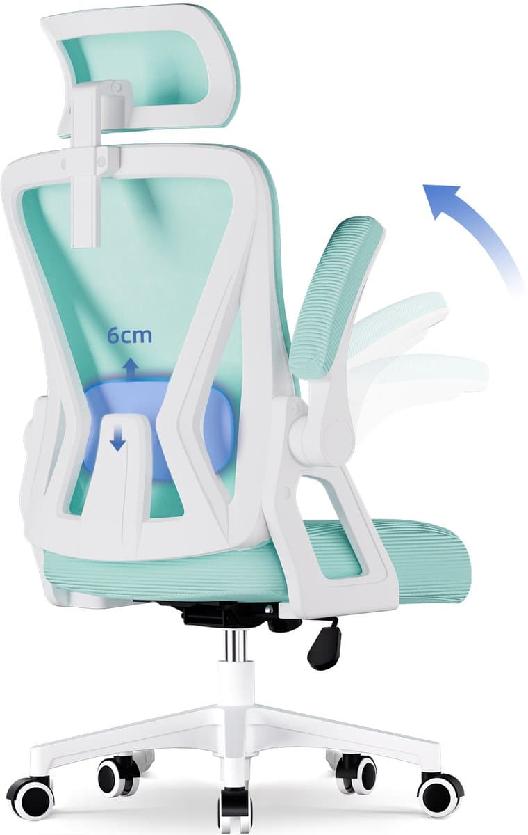 Hiaonyx bureaustoel-ergonomische bureaustoel-bureaustoelen voor volwassenenOpklapbare armleuningen-2D lendensteun-Maximale kanteling 135°-Wit Cyaan