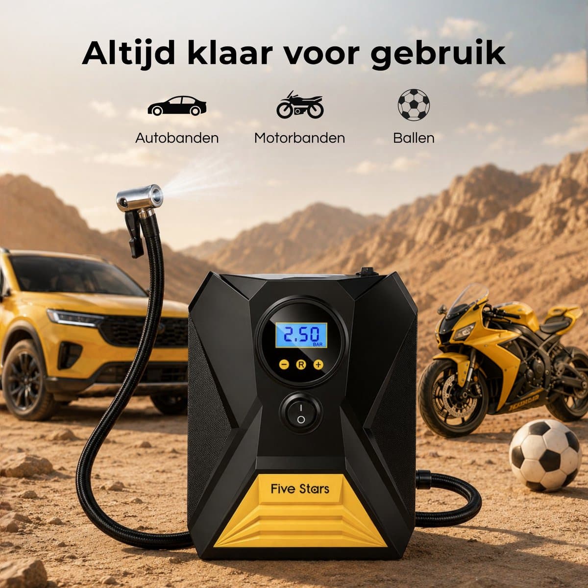 Five Stars® Compressor Bandenpomp - 12V - Draagbare Luchtcompressor - Elektrische Pomp - Voor Auto, Motor en Bal thumbnail 2