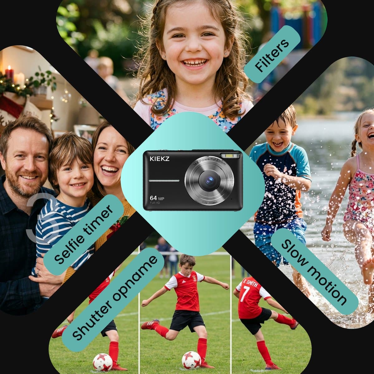 Kiekz Digitale Camera 64MP - Fotocamera Full HD - Compact Camera - Fototoestel - Autofocus - Ideaal voor Kinderen en Beginners - Inclusief 32GB SD Kaart - Zwart thumbnail 5