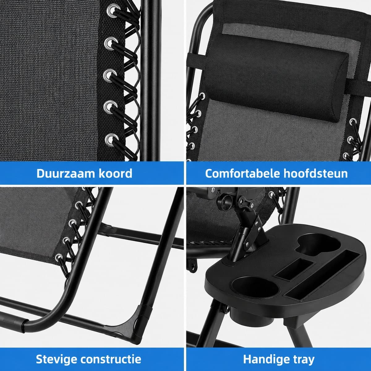 Rolu Tuinstoelen – Ligstoel Tuin – Verstelbare Tuinstoel – 160 × 69 × 80 CM - 8 CM Dik Kussen – 160 KG Draagvermogen – Ademend - Zwart thumbnail 4