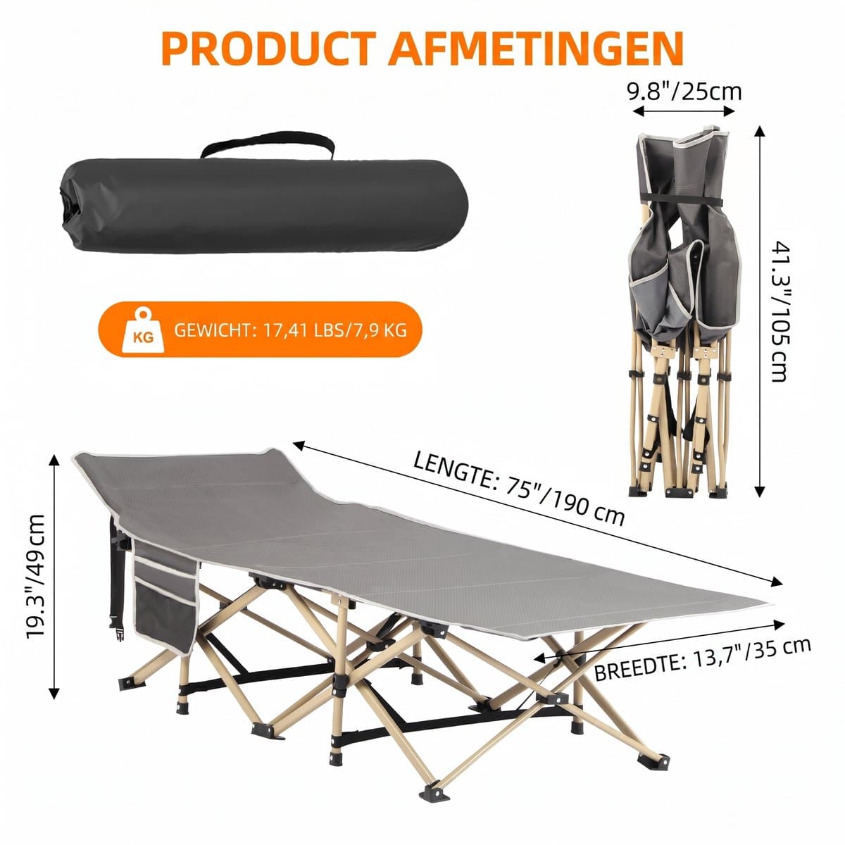 Opklapbaar Veldbed voor Volwassenen - Campingbed & Logeerbed tot 200 kg - 190 x 71 x 35 cm - Oxford Stof en Stalen Frame - Voor Binnen en Buiten thumbnail 3