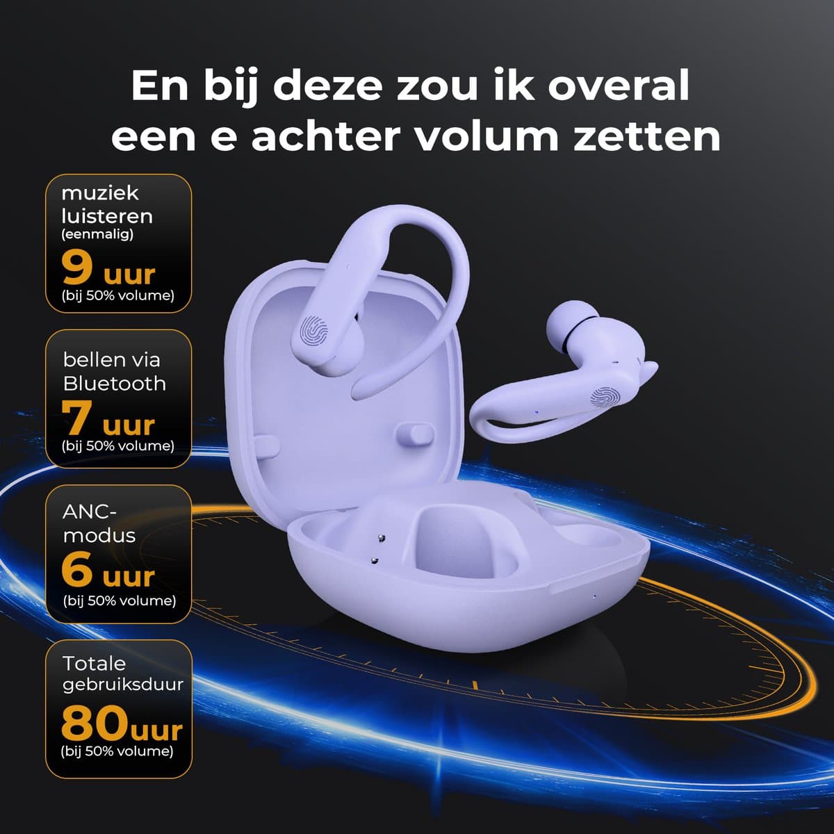 Golden Sound Sport Draadloze oordopjes - 80 uur batterijduur - Active Noise Cancelling - 45dB - Sport oordopjes - Oortjes draadloos - Bluetooth oortjes - Paars thumbnail 6