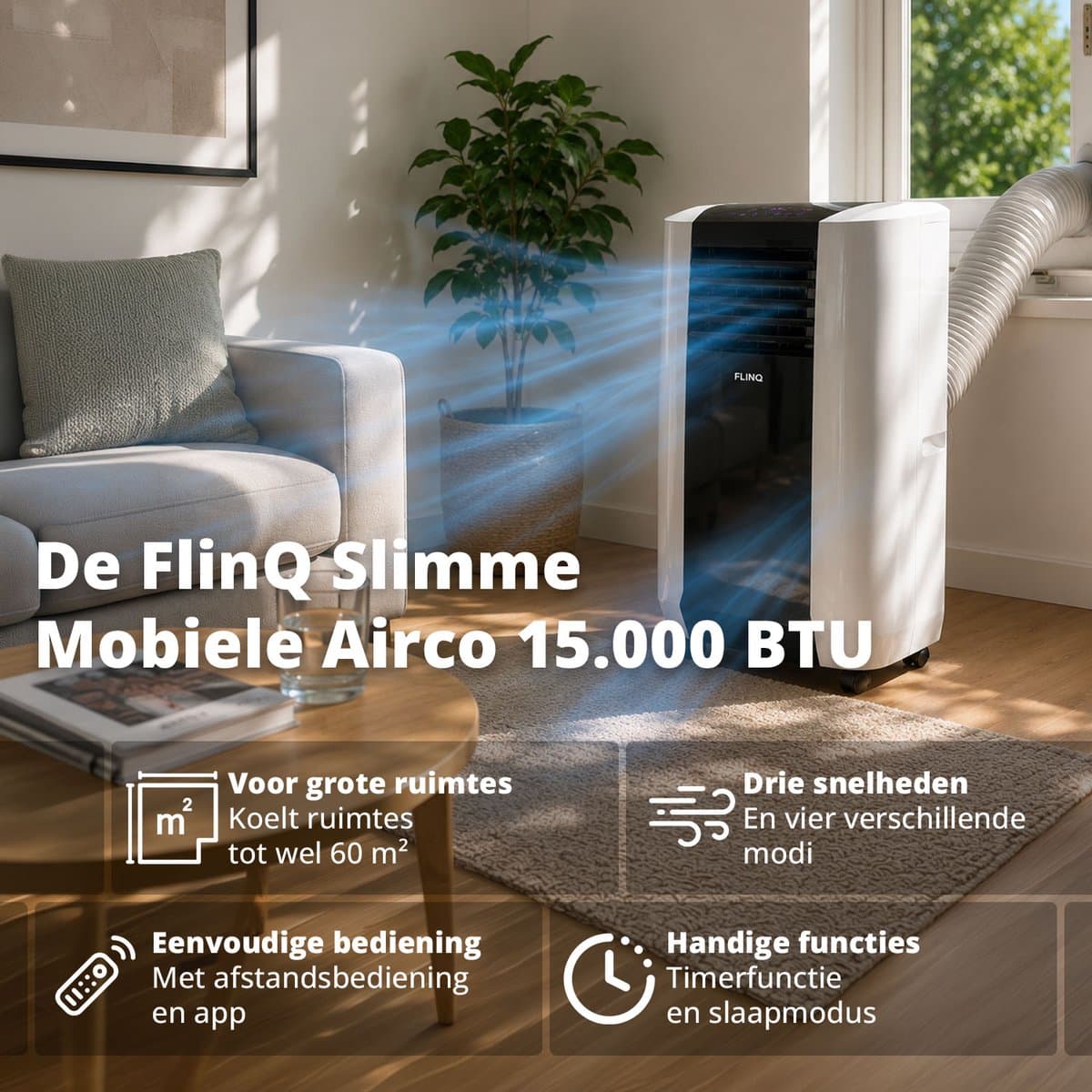 FlinQ Slimme Mobiele Airco 15000 BTU - Verkoelt tot 60m2 - Te bedienen via app - Energieklasse A thumbnail 3