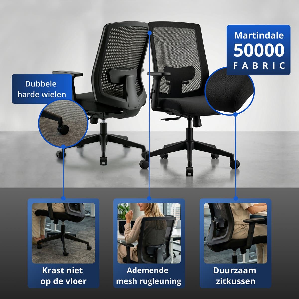 Backerz Ergonomische Bureaustoel - Bureaustoelen voor Volwassenen tot 140kg - Low Back Office Chair - NEN-EN1335 - Zwart thumbnail 5