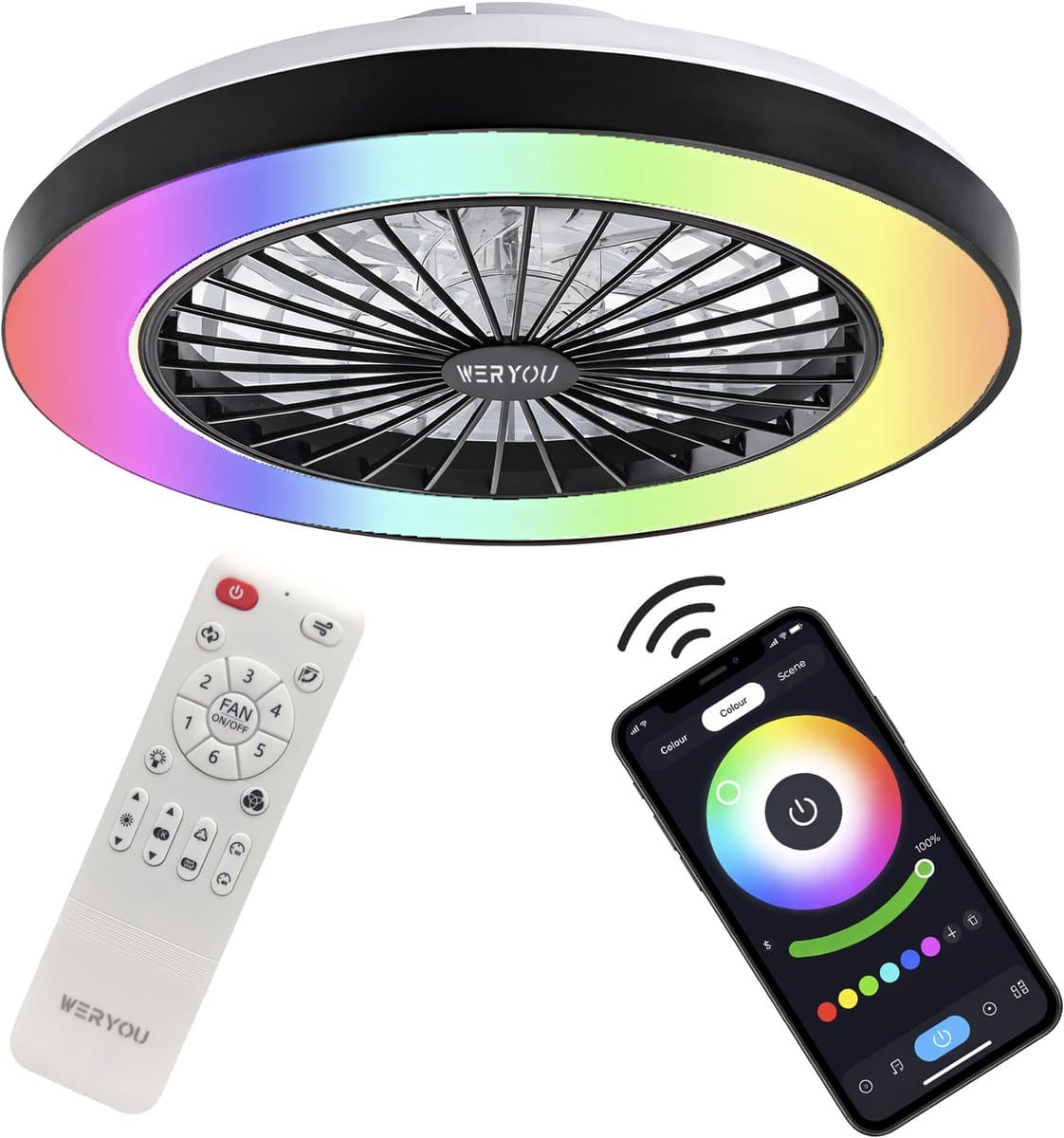 WERYOU® illuminAIR Plafondventilator - Plafonniere - Plafondventilator met Afstandsbediening - Plafondlamp - Plafond ventilator met Verlichting - Ventilator lamp - RGB Ledlamp