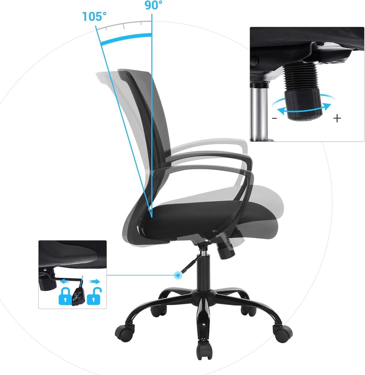 Songmics - Ergonomisch Bureaustoel - Comfortabel model - Kantelbare rugleuning - Kantoorstoel - Zwart thumbnail 4