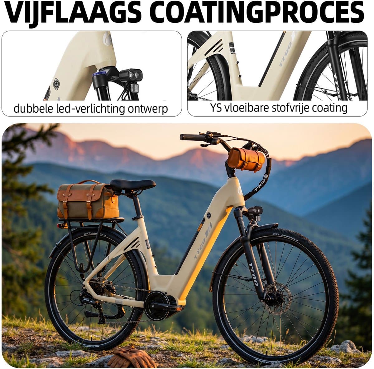Elektrische Stadsfiets TTGO C7 SE - 28 INCH Banden - 250W Bafang Middenmotor - 36V18Ah Accu - Bereik tot 140km - Shimano 9 Versnellingen - Beige thumbnail 7