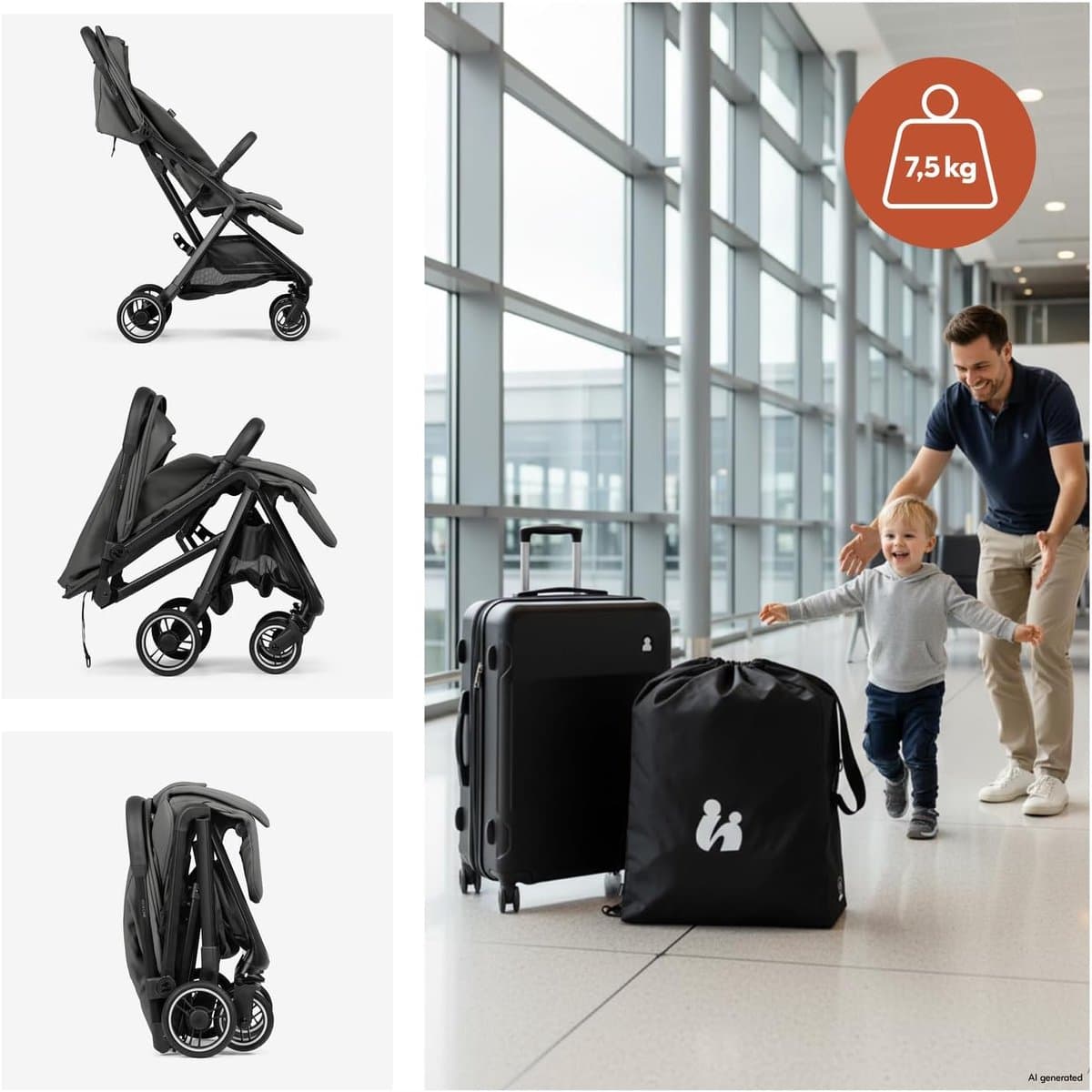 Reisbuggy Lichtgewicht - Compacte Kinderwagen - Reizen Met Kinderen - Eenhands Inklapbaar - Handbagage Formaat - Stone thumbnail 4