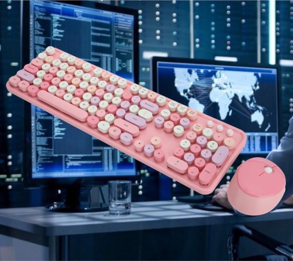 Thuys - Schattige Toetsenbord- en Muisset met 104 Toetsen, Retro-stijl, Kantoorefficiëntie, Multimediaknop, Ergonomisch Ontwerp, Roze Thema. thumbnail 2