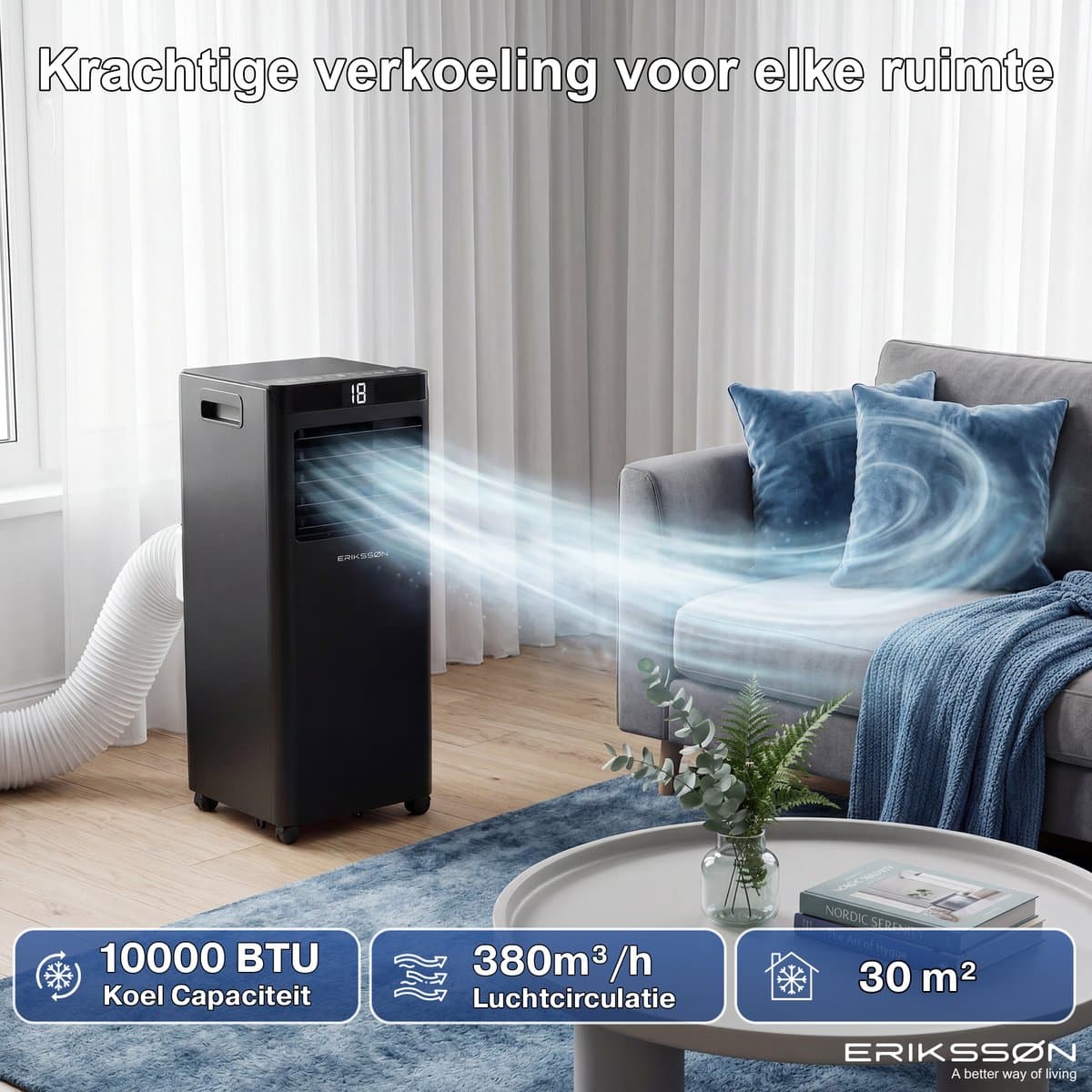 Erikssøn Mobiele Airco - 10.000 BTU - Incl. Raamafdichtingskit - Tot 30m² - 4-in-1 - Airconditioning - Ventilator - Ontvochtiger - Zwart thumbnail 5