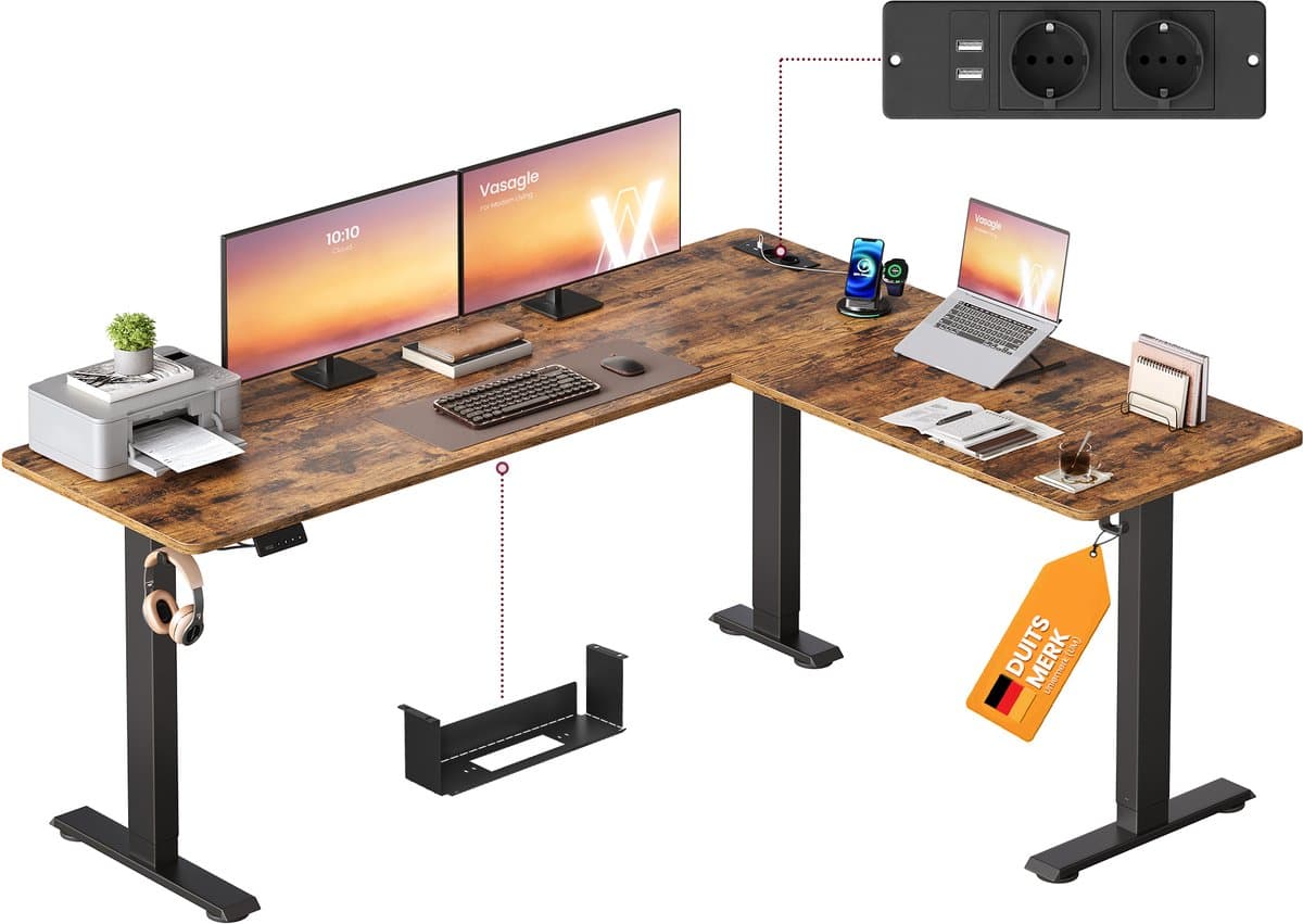 VASAGLE - Elektrisch Zit Sta Bureau - L-vormige Hoektafel - 2 Stopcontacten en 2 USB-A-poorten