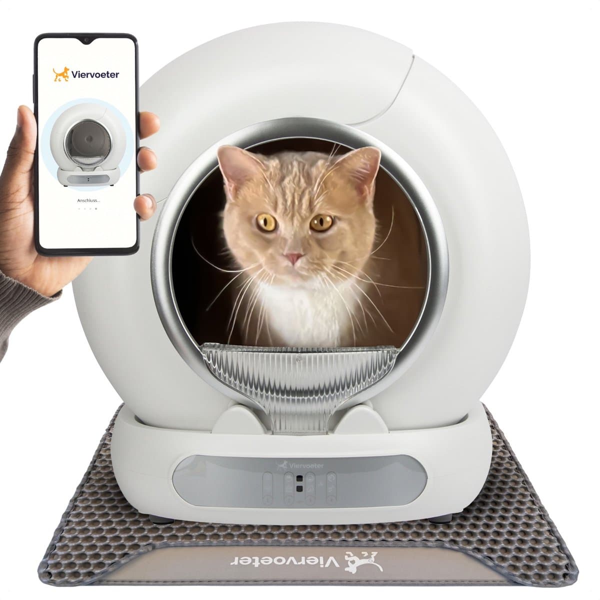 Viervoeter Fresh 3 - Automatische Kattenbak – Zelfreinigend – Bedienen via App – 65L - incl matje en 3 rollen opvangzakjes - Silver