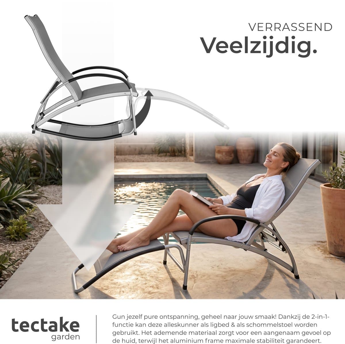 tectake® Ligbed Avignon - 2-in-1 verstelbare ligstoel - Schommelstoel voor buiten - Weerbestendig frame en waterafstotend, luchtdoorlatend weefsel - Tuinstoel - Balkonstoel - 195cm lang - Antraciet thumbnail 5