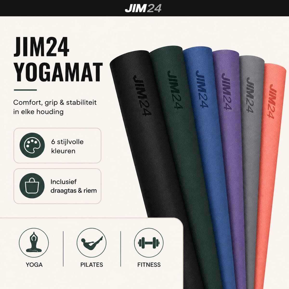 Jim24 Yogamat - Yoga Mat Antislip - Fitness Mat - Sportmat - Pilates Mat - Slijtvast - Extra Dikke Gym Mat - Duurzaam TPE - Incl. Draagtas en Riem - Olijfgroen thumbnail 6