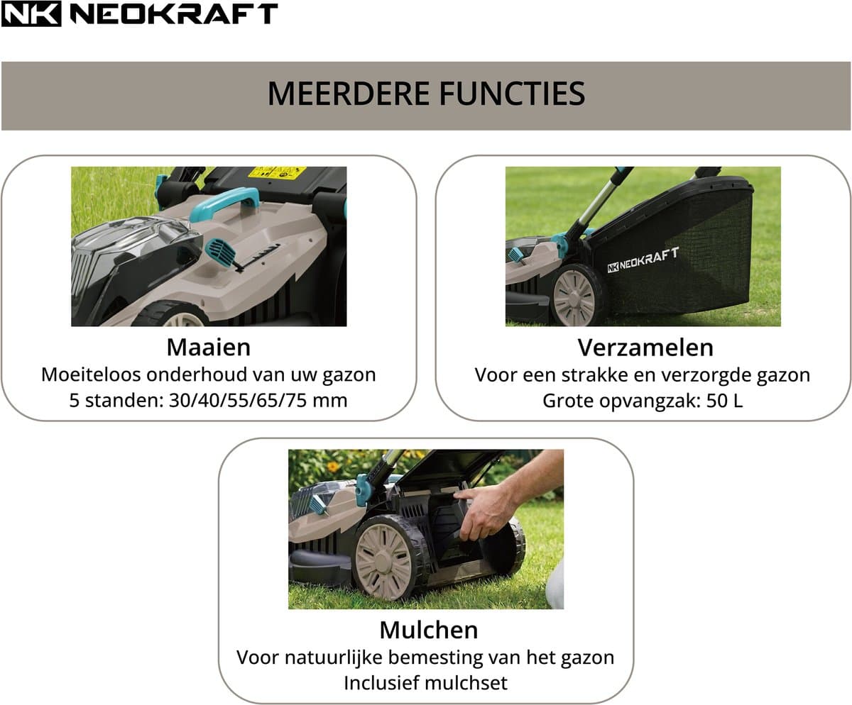 Neokraft - 40V Accu grasmaaier - 43cm maaibreedte - 5 Instelbare hoogtes - Incl 50L opvangbak - incl. accu & lader thumbnail 2