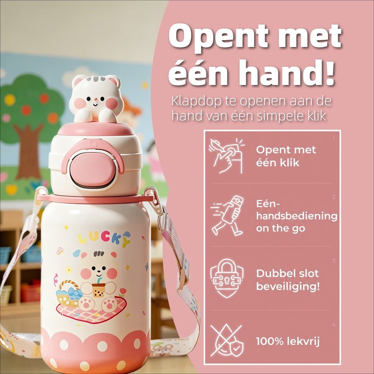 316 RVS Kinder Thermosfles & Kinderdrinkfles met Rietje en Drinktuit - 500ml Lekvrije Schoolbeker voor Meisjes & Jongens - 12u Warm/Koud Isoleerfles - BPA-Vrij & Food Grade - Ideaal Cadeau voor School, Sport & Onderweg - Met koord - kitten thumbnail 4