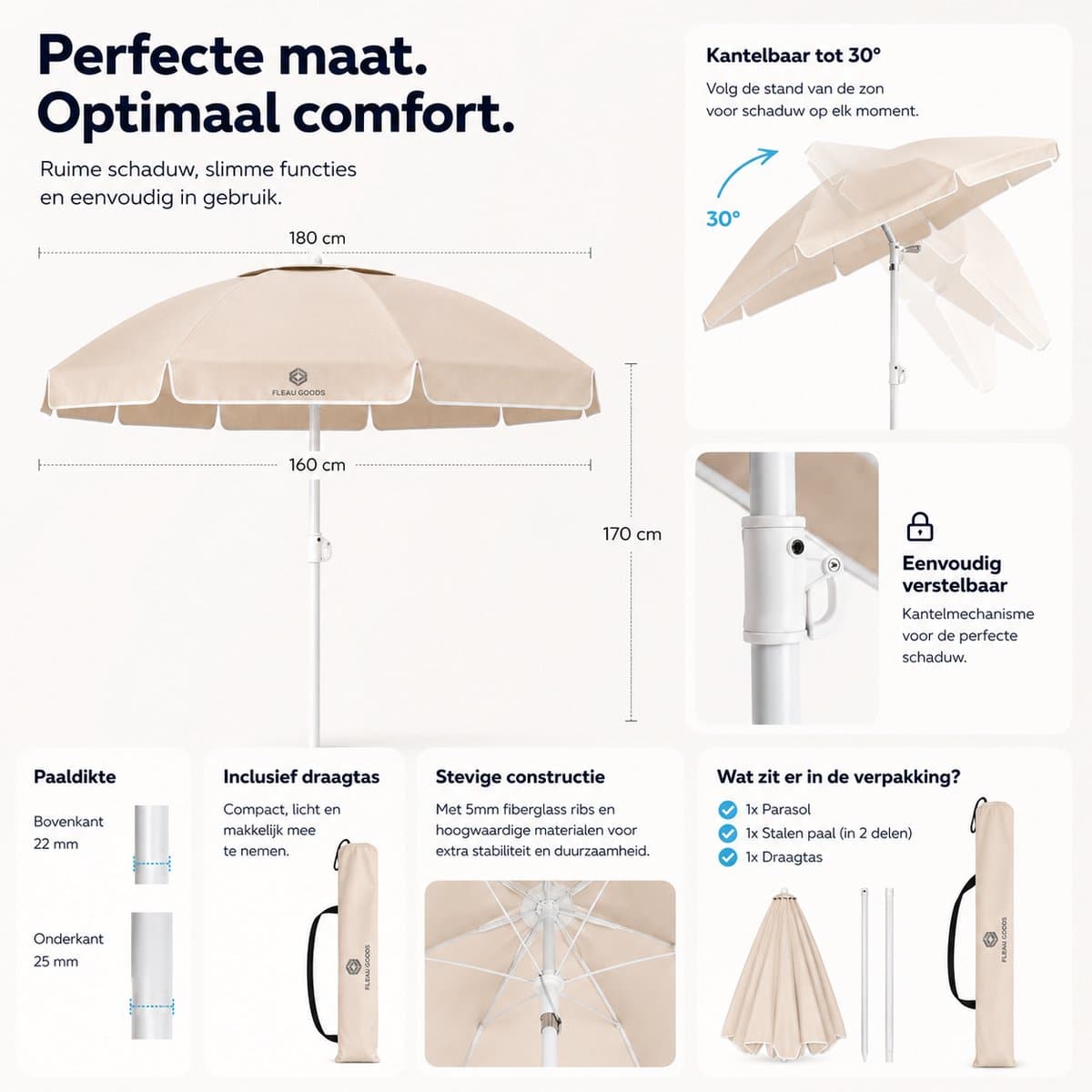 Fleau Goods Strandparasol - Parasol Strand / Tuin - Diameter 180 cm - Verstelbaar - UV Bescherming - Stokparasol - Tuinparasol - Met Draagtas - Beige thumbnail 7