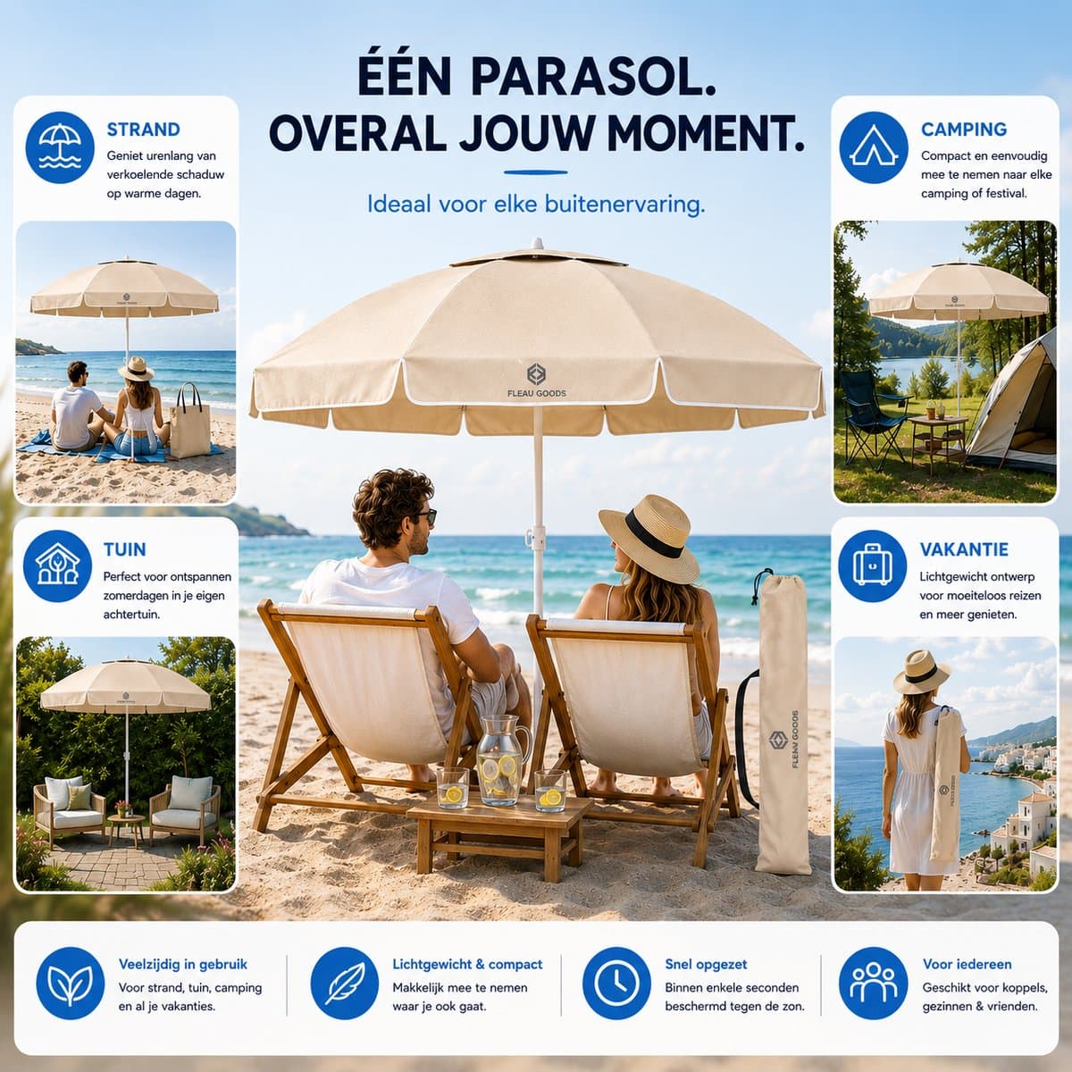 Fleau Goods Strandparasol - Parasol Strand / Tuin - Diameter 180 cm - Verstelbaar - UV Bescherming - Stokparasol - Tuinparasol - Met Draagtas - Beige thumbnail 2