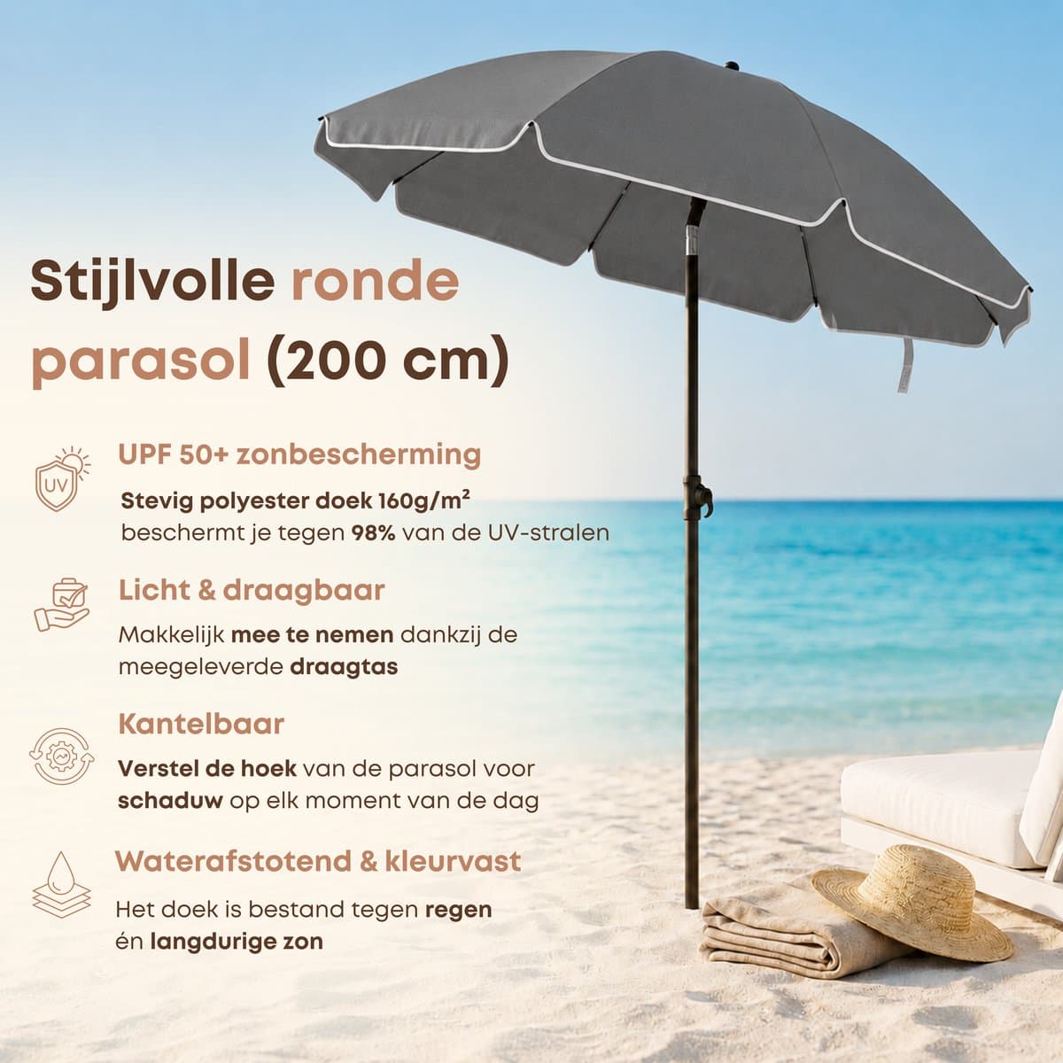 ACAZA Parasol - Strandparasol - Grijs - 200 cm diameter - inclusief Draagtas - Rond - Tuinparasol - Kantelbaar - Waterdicht - Terras Parasol voor Appartement - Parasol Strand - Tot 3 Personen thumbnail 2