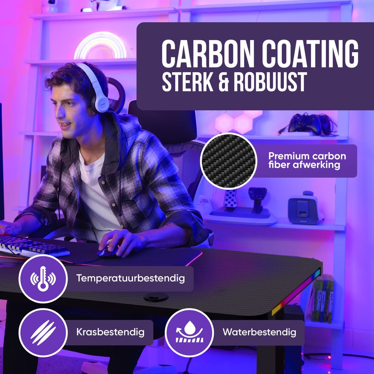 Avalo Gaming Bureau - 160x100x75 CM - L Vormig Hoekbureau - Game Desk Met LED Verlichting - Tafel - Zwart - Hoek Rechts thumbnail 5