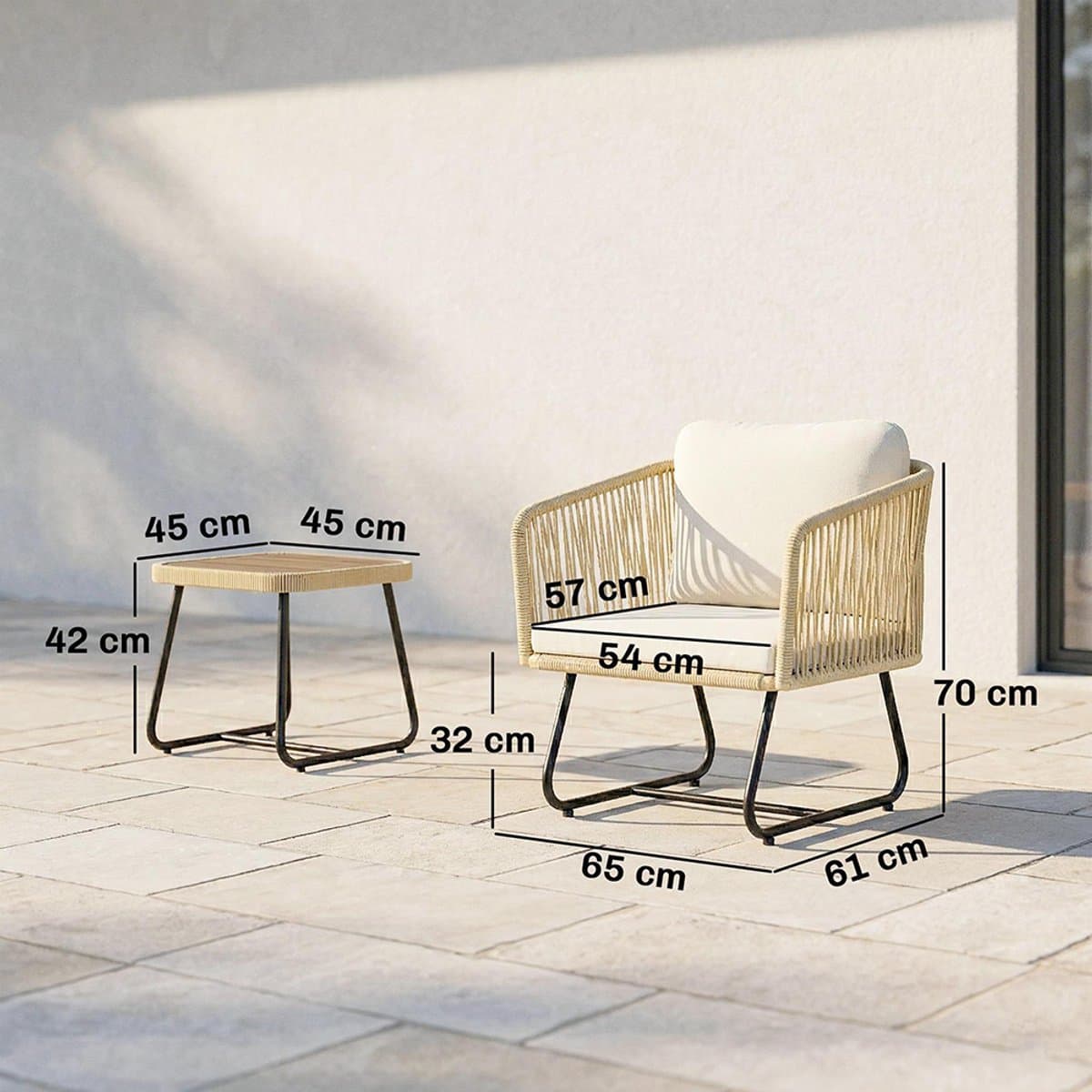 Pugsdrly Rotan bistroset 3-delige FSC-tuinsetset met 2 fauteuils, lamellenhouten tafel, dikke wasbare kussens, stalen frame thumbnail 3