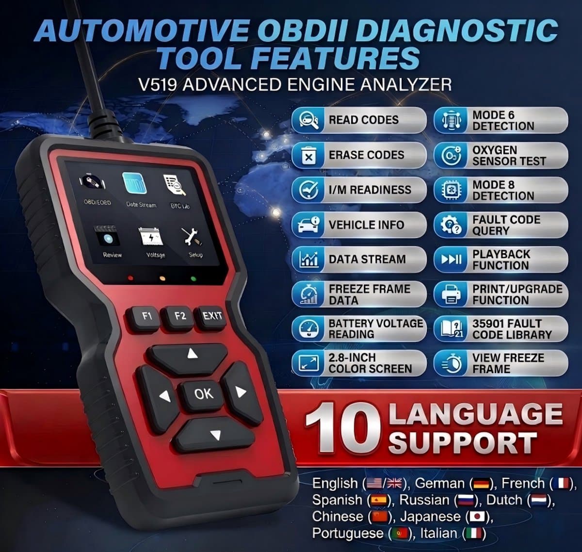 OBD2 Scanner – Auto Uitleesapparatuur – EOBD Scanner – Universeel Diagnoseapparaat met Nederlandse taal – Check Engine Auto Code Lezer – Storing Verwijderen – Plug & Play thumbnail 4
