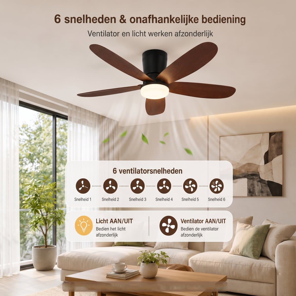 MUPOO Houtlook plafondventilator met verlichting 106 cm- Afstandsbediening & App Bediening - Stille & Dimbare LED - Zomer en Winterstand-6 Snelheden & Geheugen-ventilator lamp plafond Voor Slaapkamer en Woonkamer thumbnail 5