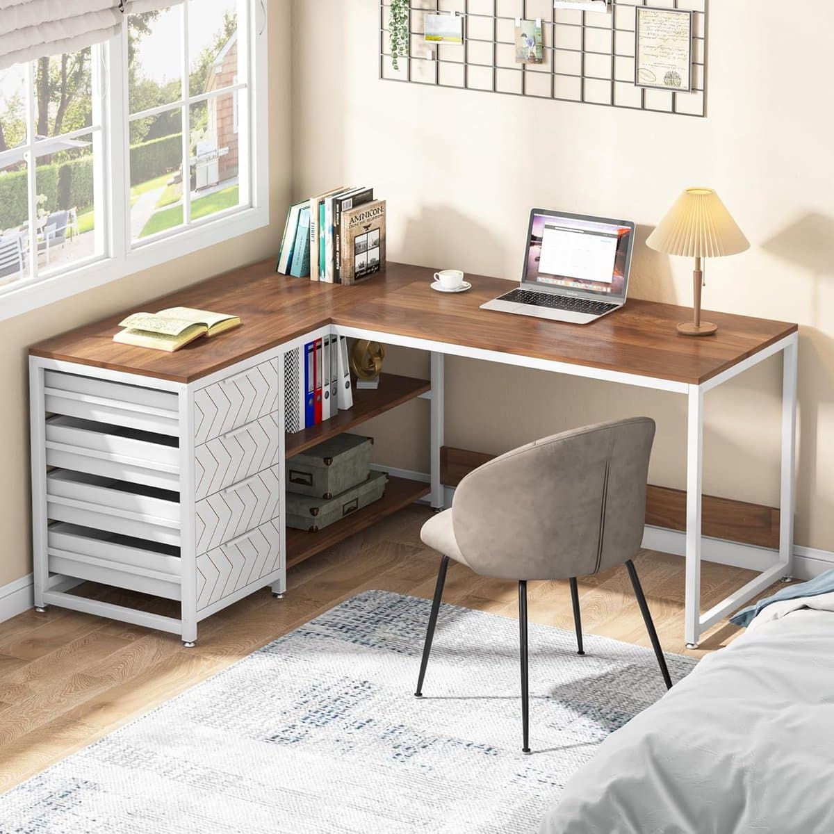 Tribesigns Bureau - L-Vormig Game Bureau met 4 Laden - 150 x 110 x 75cm - Bureau met Legplanken - Gaming Desk - Computer Tafel - Gaming Tafel - Bureau voor Gamen, Studeren en Werken - Wit / Okkernoot thumbnail 5