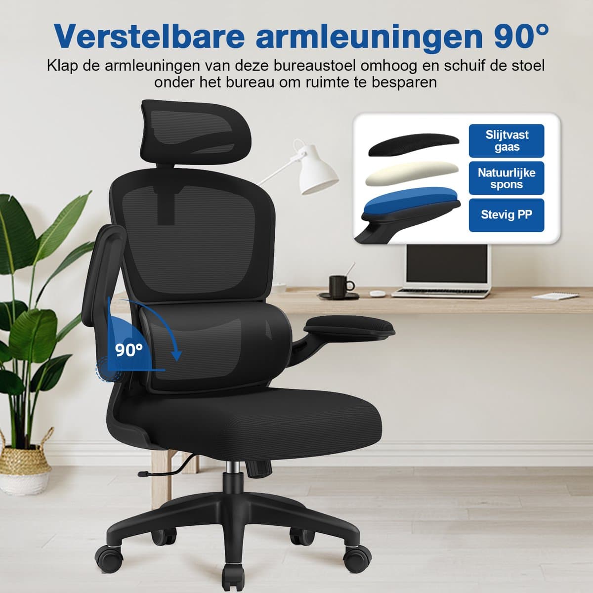 Elekiatech Ergonomische Bureaustoel - Bureaustoel met Opklapbare Armleuningen - Bureaustoelen voor Volwassenen - 150 Kg - Zwart thumbnail 7