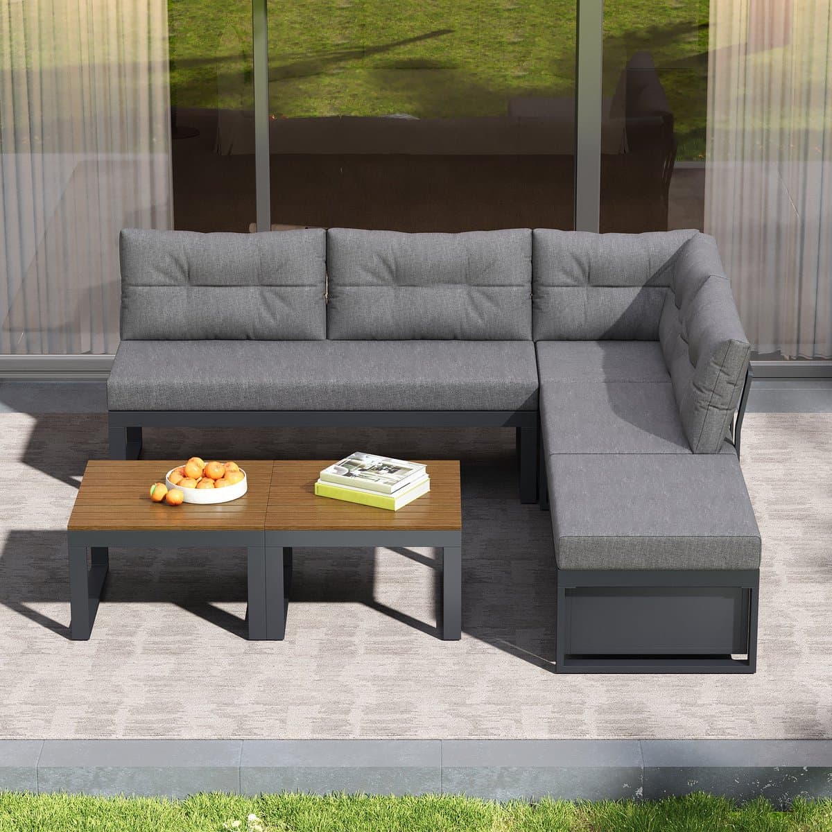 Sweiko Tuin loungeset - Hoekbank + salontafel - Verstelbare rugleuning - Met kussens - Opbergruimte - Grijs thumbnail 6