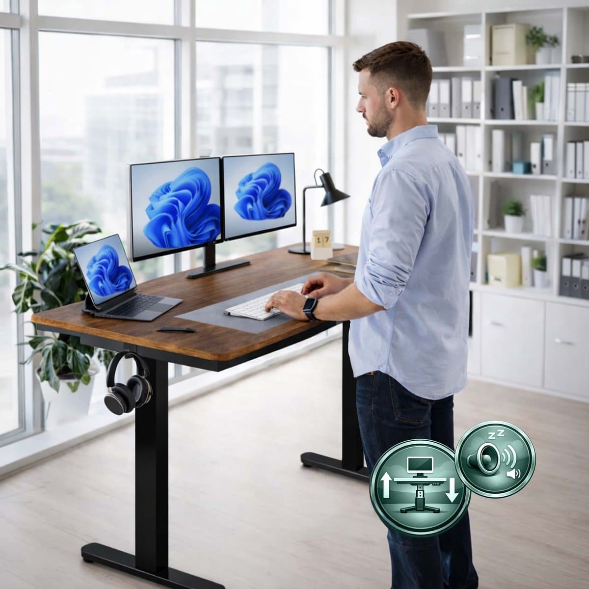 Zit sta bureau - 160 x 60 cm - hoogte verstelbaar - bruin-zwart thumbnail 5