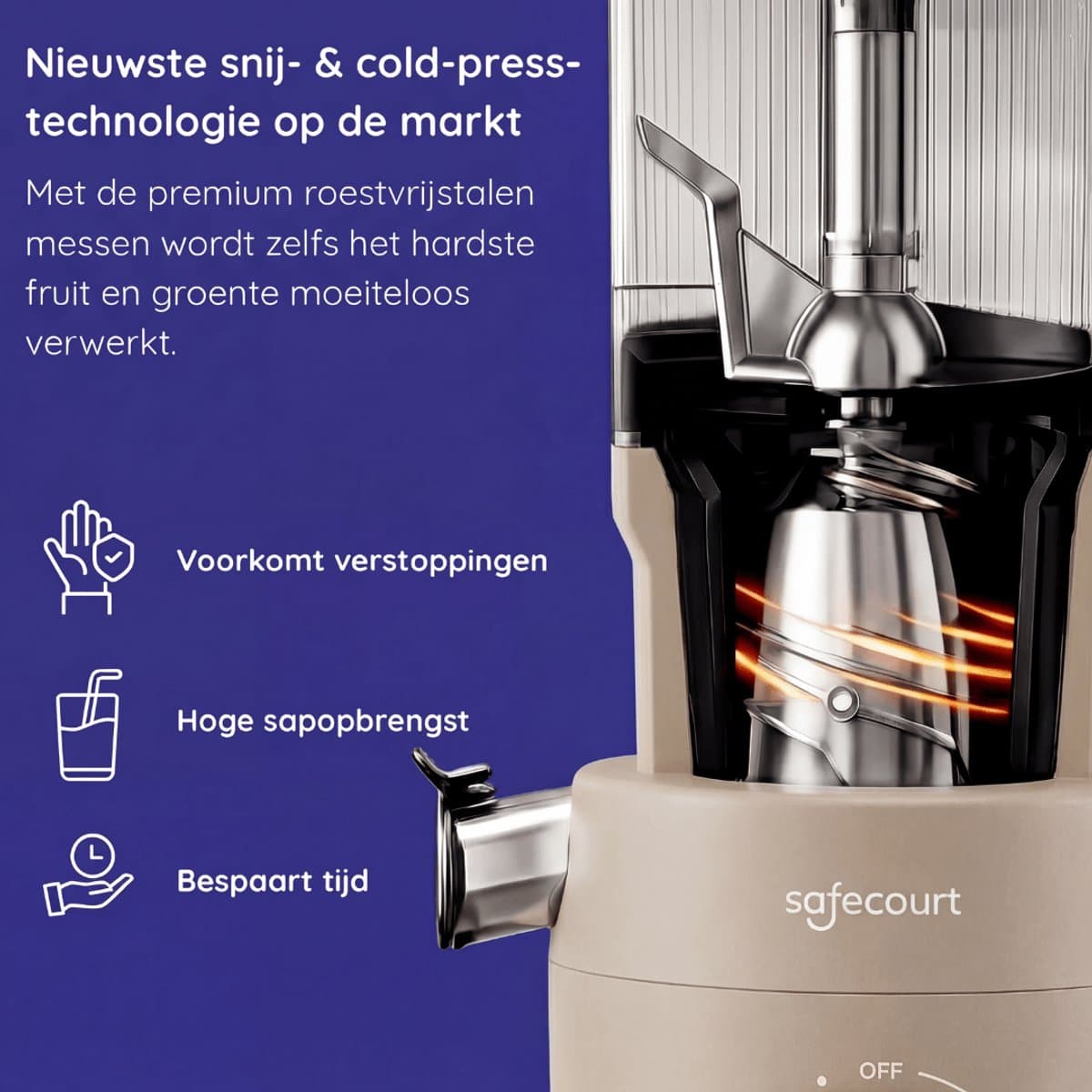 Safecourt Kitchen Slow Juicer XXL - krachtige motor [Pre-cutter & Cold-press technologie] - eenvoudige reiniging - BPA-vrij - sapcentrifuge Beige thumbnail 7