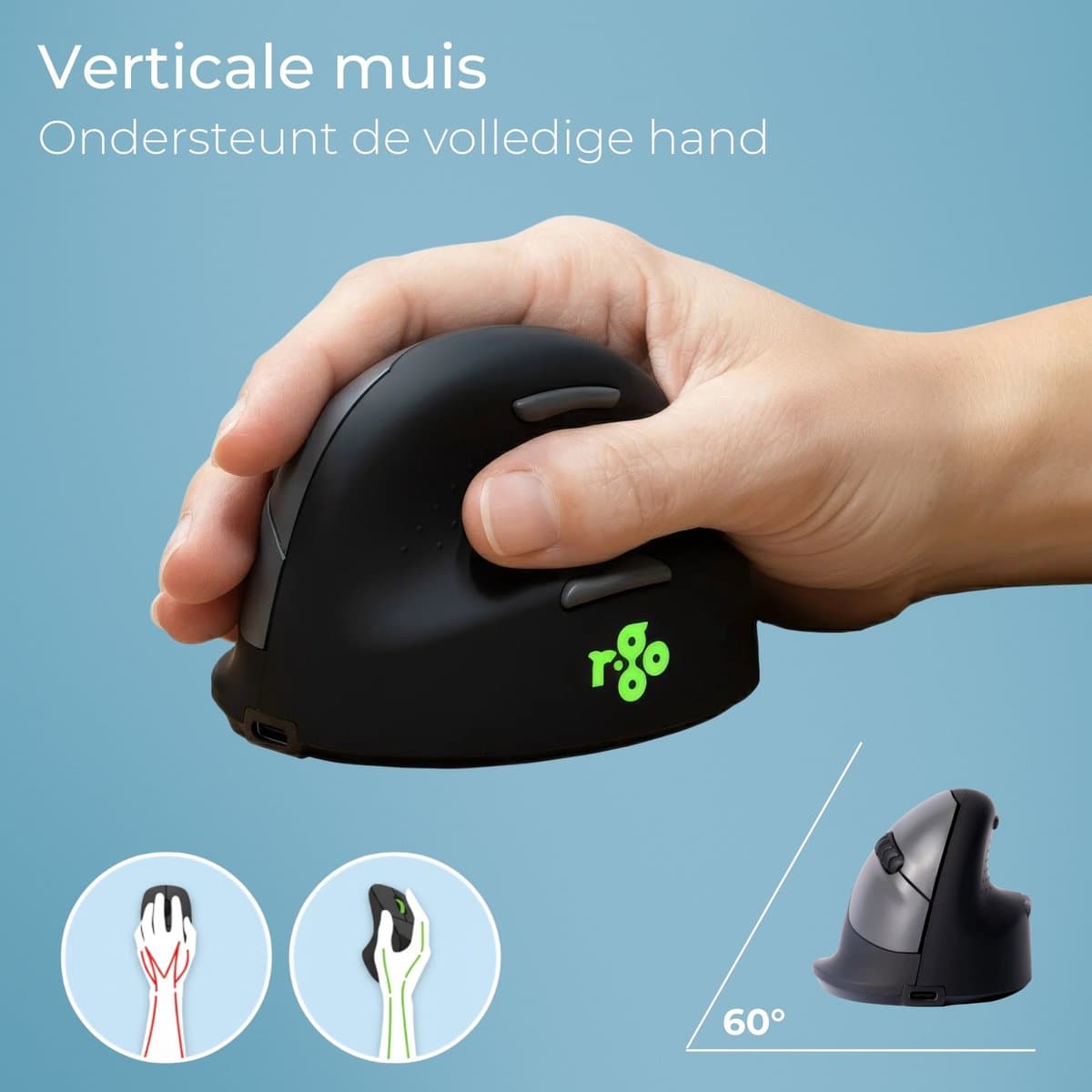 R-Go HE - Ergonomische Verticale Muis - Bluetooth - Break Software - Rechtshandig - Draadloos - Zwart thumbnail 4