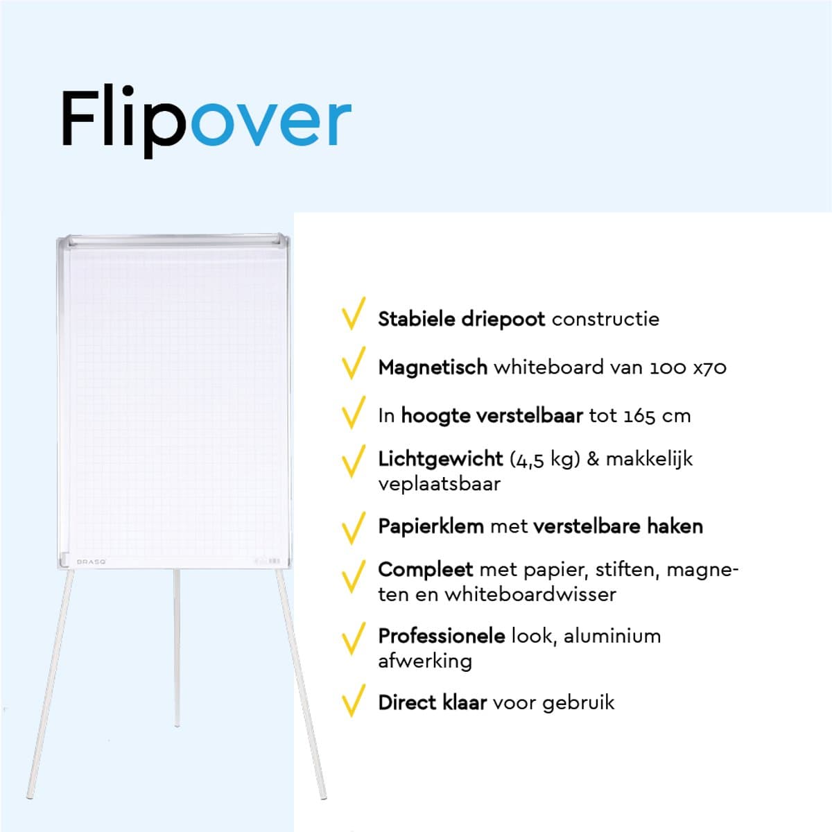 BRASQ Flipover - 70x100cm - Verstelbaar Whiteboard - Inclusief 25 vellen papier, 4 Stiften, 8 Magneten, Wisser - Magnetisch bord met Haken - Magneetbord - Aluminium thumbnail 4