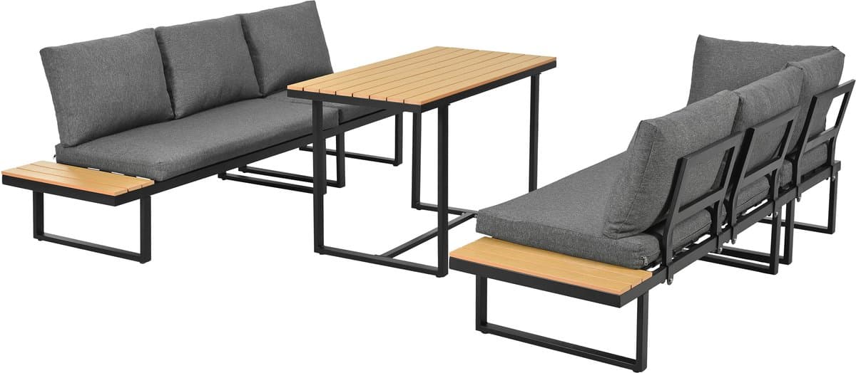 Tuinmeubelset - hoeksalon - met verstelbare leunfunctie - tafelblad van kunststof hout - inclusief eettafel - grijs en zwart thumbnail 2