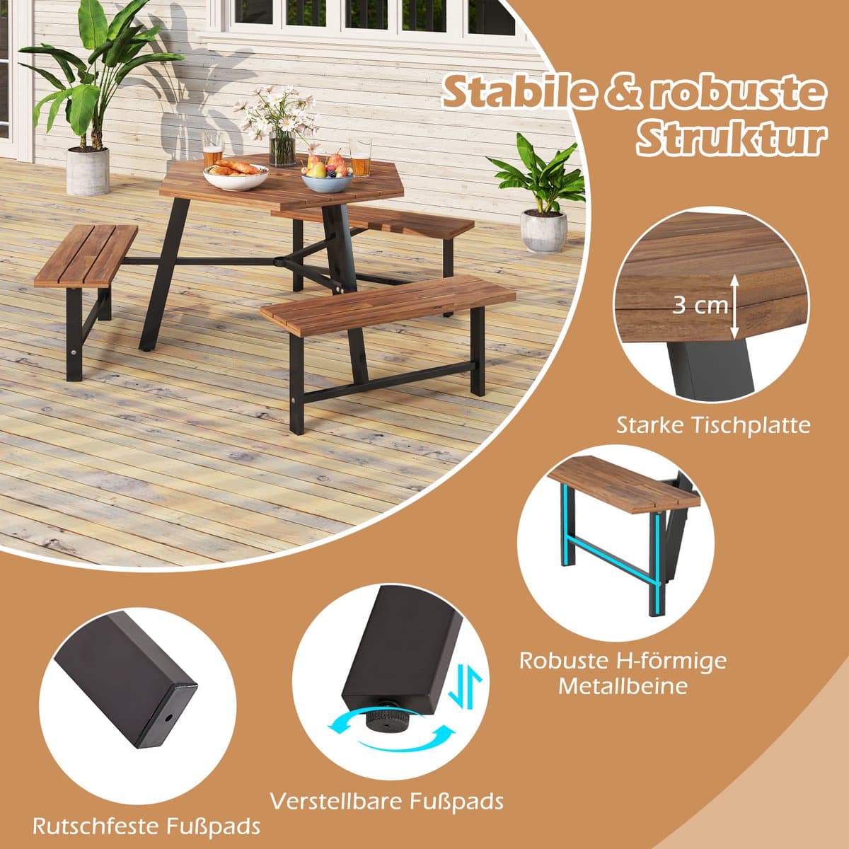COSTWAY Picknicktafelset voor 6 personen, tuintafel van acaciahout met parasolgat en 3 banken, terrasmeubels, tuinmeubelen, zitgroep, zitgroep voor tuin, terras thumbnail 2