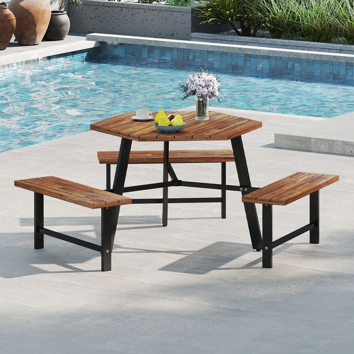 COSTWAY Picknicktafelset voor 6 personen, tuintafel van acaciahout met parasolgat en 3 banken, terrasmeubels, tuinmeubelen, zitgroep, zitgroep voor tuin, terras thumbnail 7