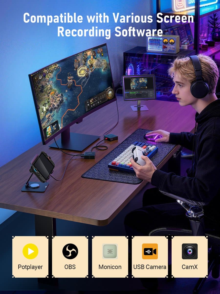Lemorele AC12 Video Capture Card + Hub + Magnetisch – 1080P 60Hz – HDMI Passthrough – USB-C – 100W PD thumbnail 2