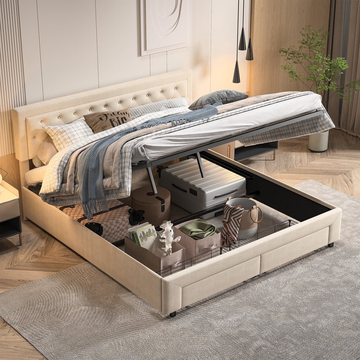 180x200 Fluwelen Opbergbed Beige – Gaslift Tweepersoonsbed met 2 Grote Lades bij Voeteneinde & Verborgen Opbergruimte – Bed 180x200 thumbnail 3