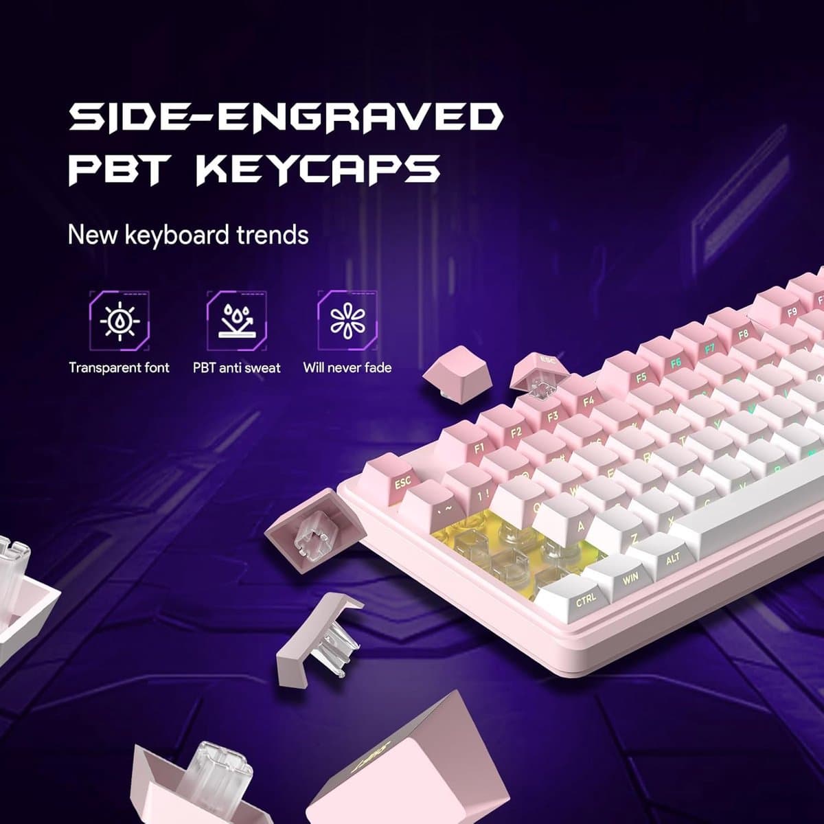 Furycube IP98 PRO - Mechanisch-Feeling Gaming Toetsenbord - 98 Toetsen - RGB Verlichting - Draadloos & Bedraad - 5000mAh Batterij - Roze thumbnail 7