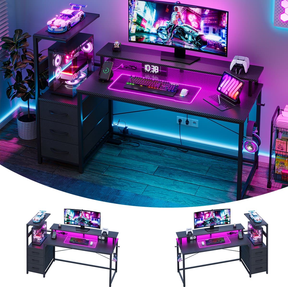 Gaming Bureau met LED Verlichting - 150L x 115H x50B cm - Hoekbureau met Stopcontact - 3 Non Woven Lade - Gaming Desk - Computer Tafel - Gaming Tafel - met Opbergplanken & IJzeren Haak - Zwart - Bureau voor Gamen, Studeren en Werken thumbnail 8