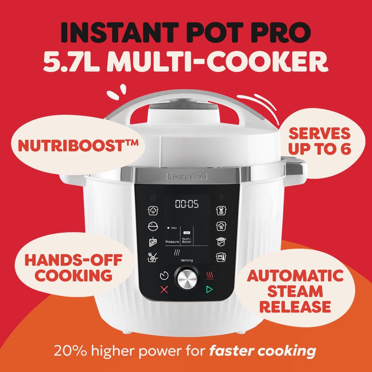 Instant Pot Pro 5,7L Multicooker Coconut White - 10-in-1 Snelkookpan - Slowcooker - Sous Vide - App Bediening - Nutriboost™ - 20% Meer Vermogen - Tot 6 Porties thumbnail 8
