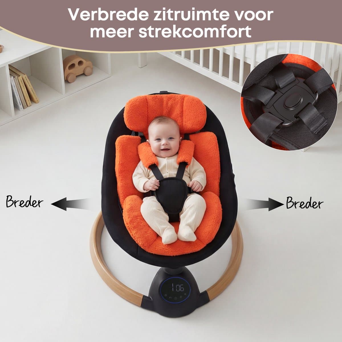 3Babies® Baby Swing – Elektrisch Wipstoel – Babyschommel – Elektrische Schommelstoel baby – Wasbare Bekleding – Afstandsbediening en App – Teddy Materiaal – Oranje en zwart thumbnail 4