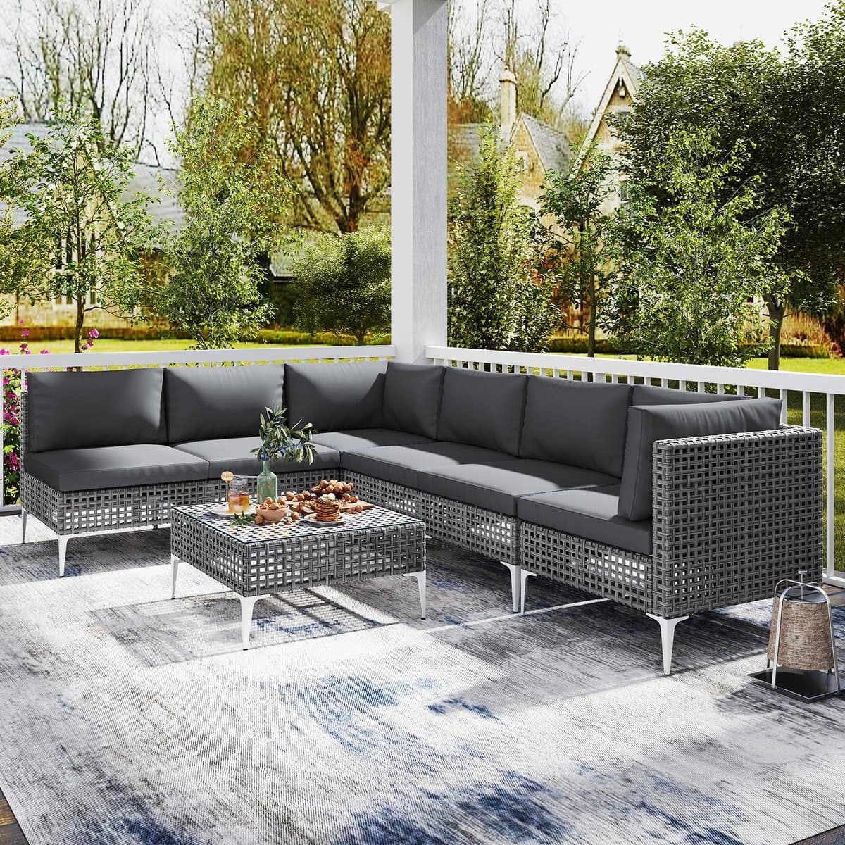COSTWAY Loungemeubelen voor buiten, rotan tuinlounge met tafel en kussens, vrij te combineren, tuinmeubelset, balkonmeubels, terrasmeubels, zitgroep voor tuin, terras, balkon thumbnail 8